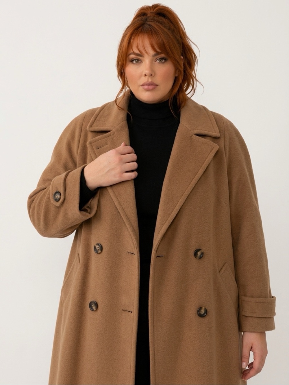Women's Double-Breasted Tan Pea Coat 85% Wool et 15% cachemire - Picture 3 of 10